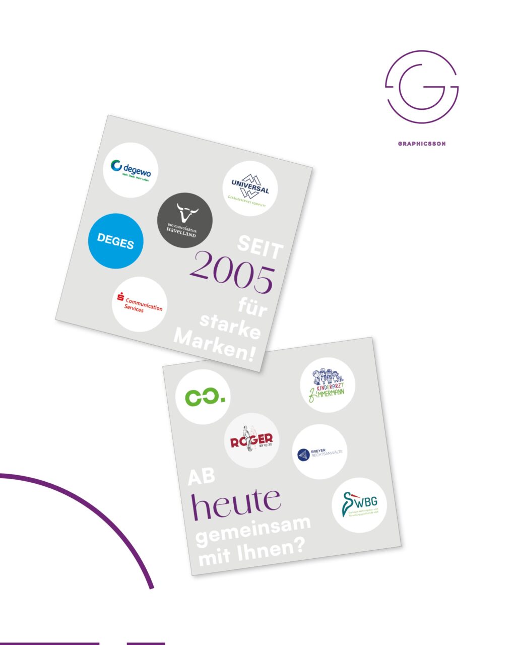 SEIT 2005 für starke Auftritte. 
AB HEUTE gemeinsam mit Ihnen?
Auf der einen Seite gibt es Kunden, die uns seit Jahren vertrauen: degewo, WGE, DEGES, UNIVERSAL, RCH – Unternehmen, die wir in Sachen Konzept und Design begleiten dürfen.
Auf der anderen Seite haben wir immer Platz für Neues. Für Unternehmen, die bei der Grundlage angefangen haben – Logo-Entwicklung oder Relaunch als Basis für alles Weitere: converlytics, Mode ROGER, Breyer Rechtsanwälte, Storkower WBG.
25 Jahre im Designbereich, davon 21 mit GRAPHICSSON. Eine lange Zeit. Wir haben Trends kommen und gehen sehen. Krisen überstanden. Uns immer wieder neu erfunden.
Was geblieben ist, ist der Anspruch, Design nicht als Selbstzweck zu verstehen, sondern als Werkzeug, das Unternehmen nach vorne bringt.
SEIT 2005 heißt: Wir wissen, was und wie es funktioniert. 
AB HEUTE heißt: Wir sind neugierig auf das, was als Nächstes kommt. Auf Sie!
Was haben Sie in den letzten 20 Jahren gelernt – beruflich oder persönlich?
#GRAPHICSSON #Gestaltungszentrale #21Jahre #Erfahrung #Zukunft memory