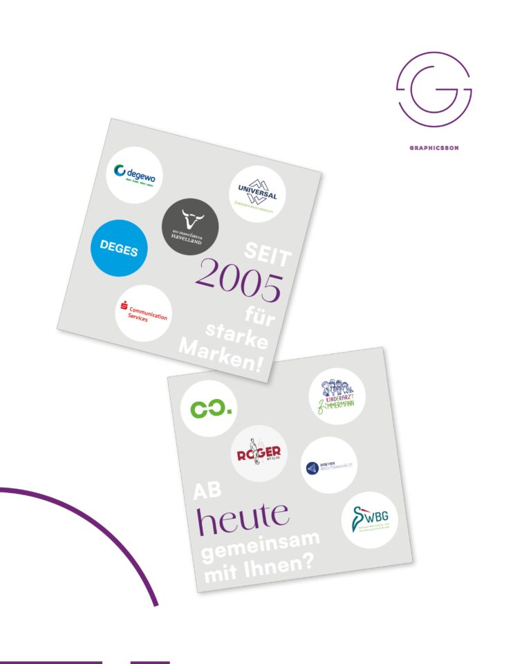 SEIT 2005 für starke Auftritte. 
AB HEUTE gemeinsam mit Ihnen?
Auf der einen Seite gibt es Kunden, die uns seit Jahren vertrauen: degewo, WGE, DEGES, UNIVERSAL, RCH – Unternehmen, die wir in Sachen Konzept und Design begleiten dürfen.
Auf der anderen Seite haben wir immer Platz für Neues. Für Unternehmen, die bei der Grundlage angefangen haben – Logo-Entwicklung oder Relaunch als Basis für alles Weitere: converlytics, Mode ROGER, Breyer Rechtsanwälte, Storkower WBG.
25 Jahre im Designbereich, davon 21 mit GRAPHICSSON. Eine lange Zeit. Wir haben Trends kommen und gehen sehen. Krisen überstanden. Uns immer wieder neu erfunden.
Was geblieben ist, ist der Anspruch, Design nicht als Selbstzweck zu verstehen, sondern als Werkzeug, das Unternehmen nach vorne bringt.
SEIT 2005 heißt: Wir wissen, was und wie es funktioniert. 
AB HEUTE heißt: Wir sind neugierig auf das, was als Nächstes kommt. Auf Sie!
Was haben Sie in den letzten 20 Jahren gelernt – beruflich oder persönlich?
#GRAPHICSSON #Gestaltungszentrale #21Jahre #Erfahrung #Zukunft memory
